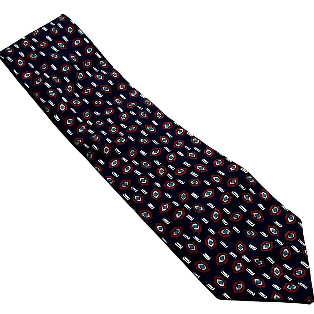 Oscar de la Renta all silk men's neck tie navy blue & red geometric pattern